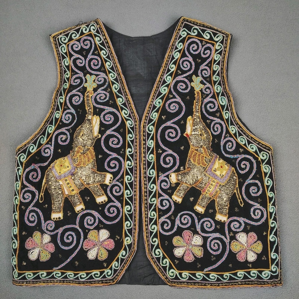 Vintage Ethnic Sequined Vest Women Large Multicolor Open Ornate Wearable Art 3D
